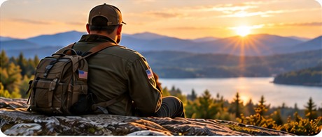 Veteran overlooking a peaceful New England landscape